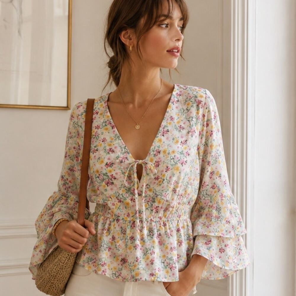 June & Hudson Floral Bell Sleeve Peplum Blouse NWT Womens Large Boho Cottagecore